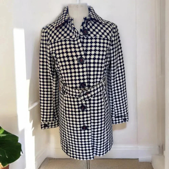 Y2K Tommy Hilfiger Wool Blend Woven Print Navy Cream Belted Trench Coat size 6 - Picture 1 of 12